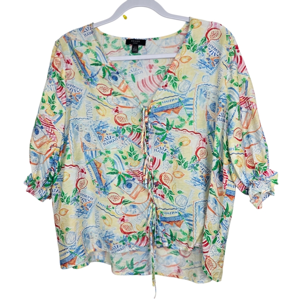 Haver London Tropical Print Blouse Women’s Size XL | Airy Short Sleeve